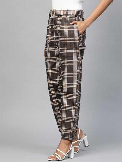 Women's Brown Check Tapered Twill Pants