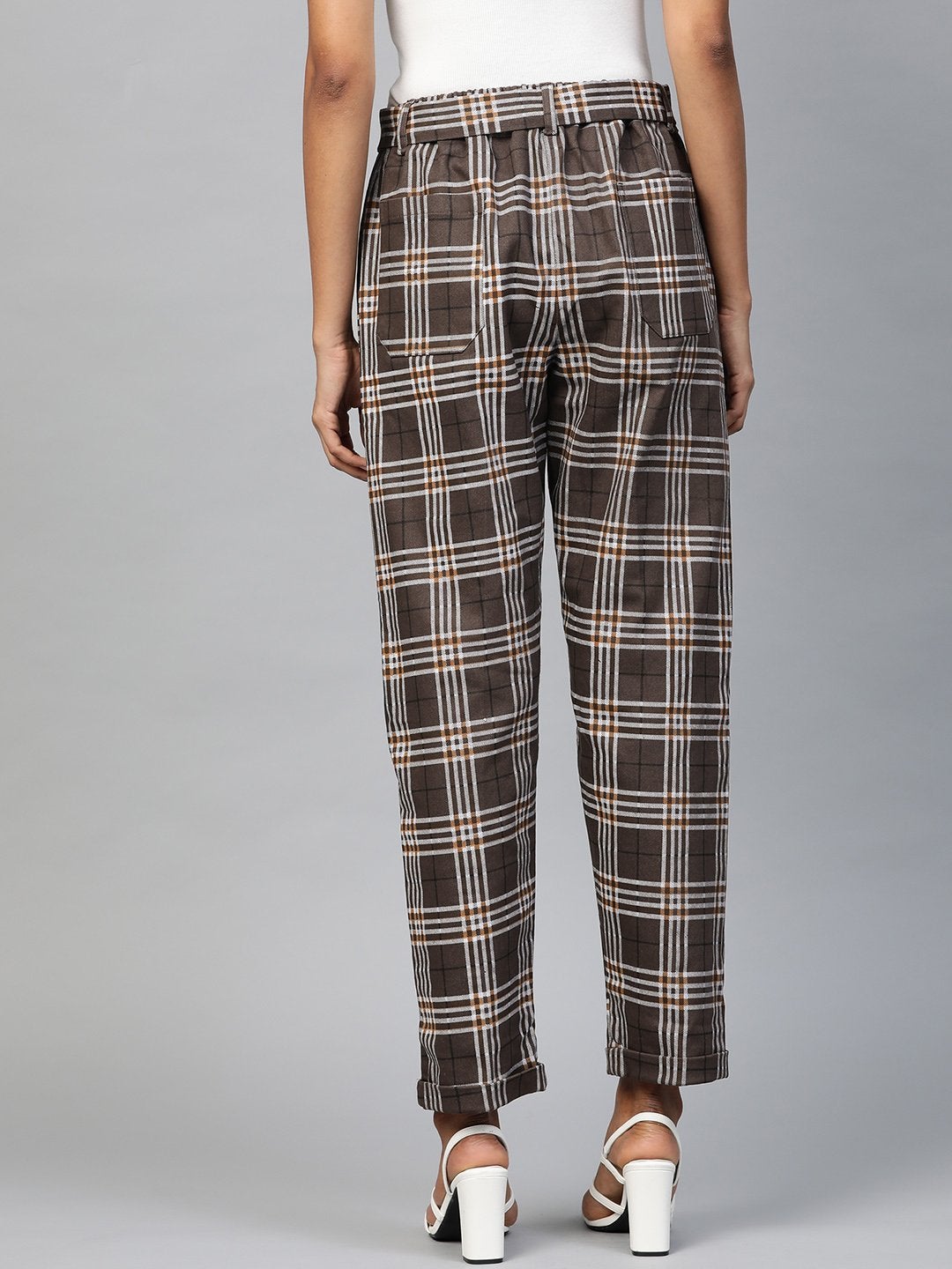 Women's Brown Check Tapered Twill Pants