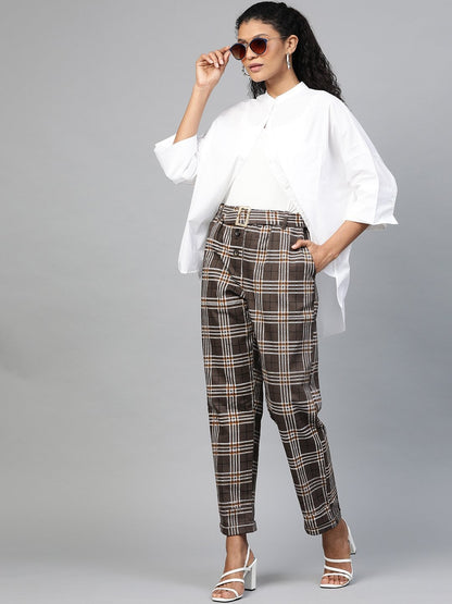 Women's Brown Check Tapered Twill Pants