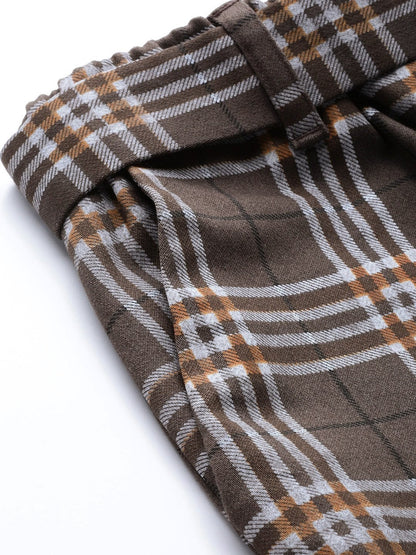 Women's Brown Check Tapered Twill Pants