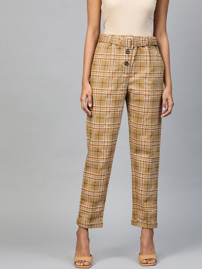 Women's Beige Check Tapered Twiil Pants