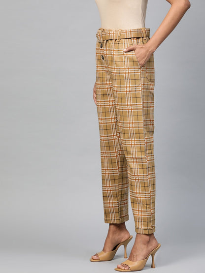 Women's Beige Check Tapered Twiil Pants