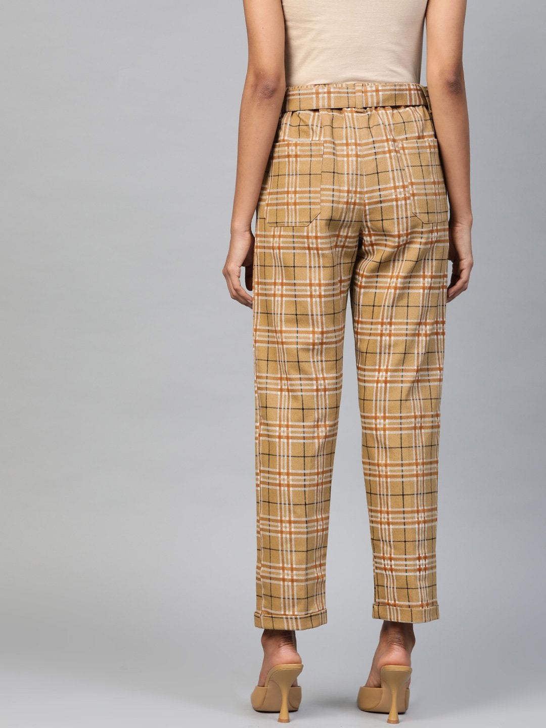 Women's Beige Check Tapered Twiil Pants