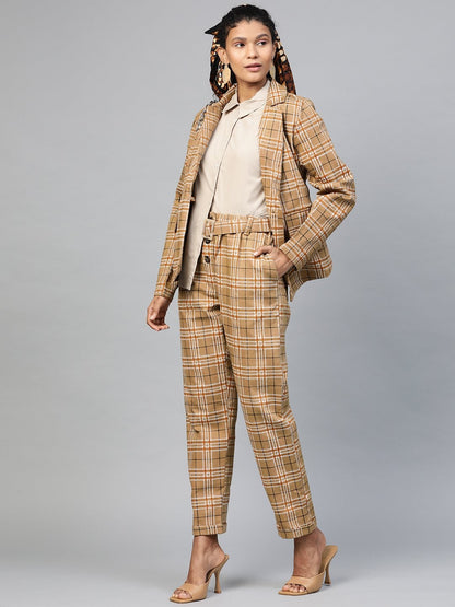 Women's Beige Check Tapered Twiil Pants