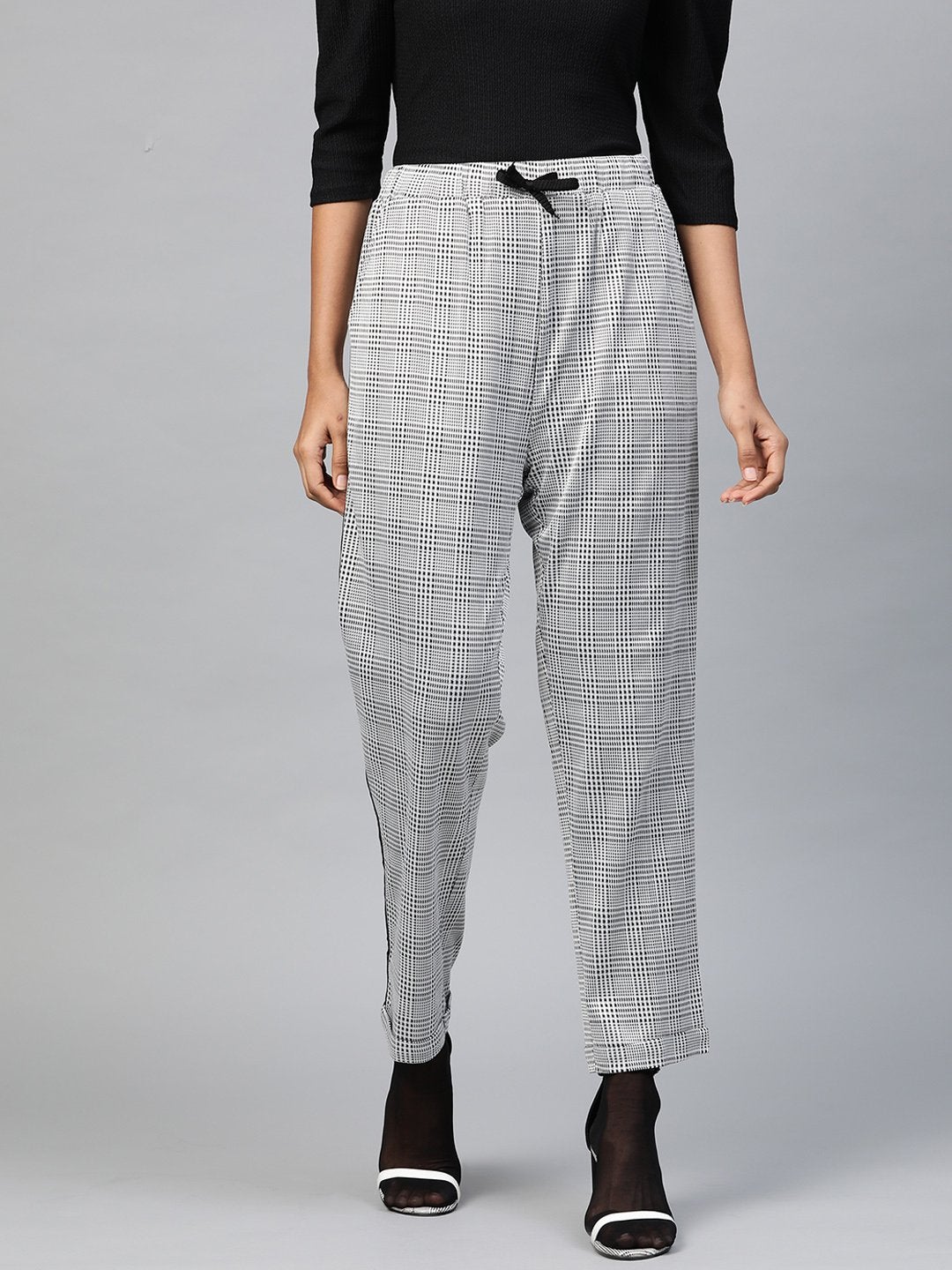 Women's Grey Check Side Tape Jacquard Pants