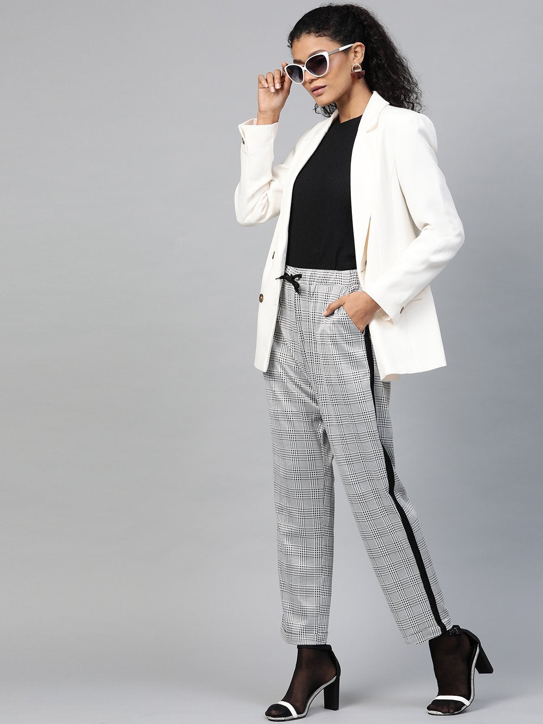 Women's Grey Check Side Tape Jacquard Pants
