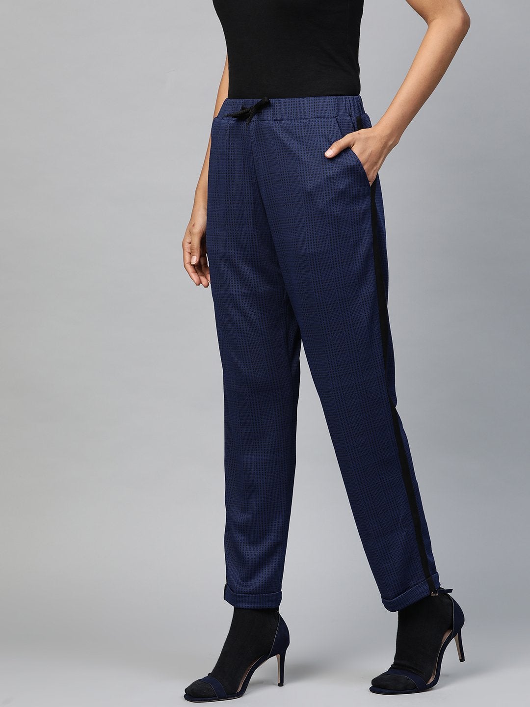 Women's Navy Check Side Tape Jacquard Pants