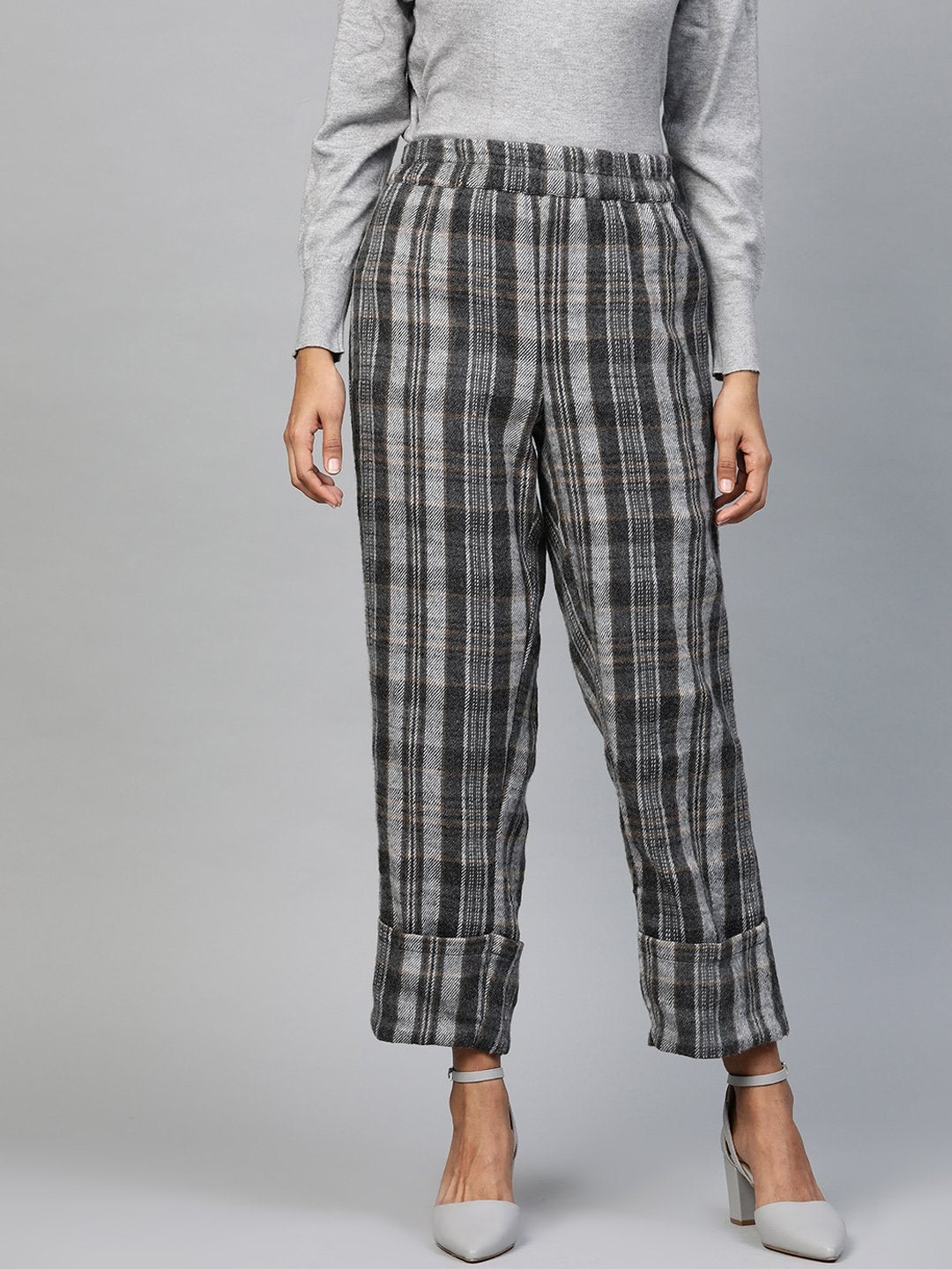 Women's Grey Check Roll Up Trousers
