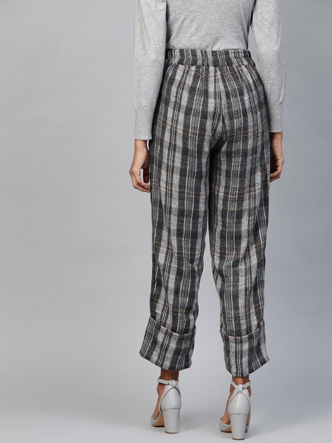 Women's Grey Check Roll Up Trousers