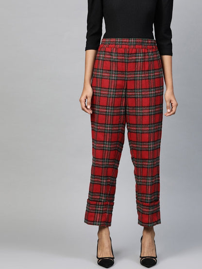Women's Red Check Roll Up Trousers