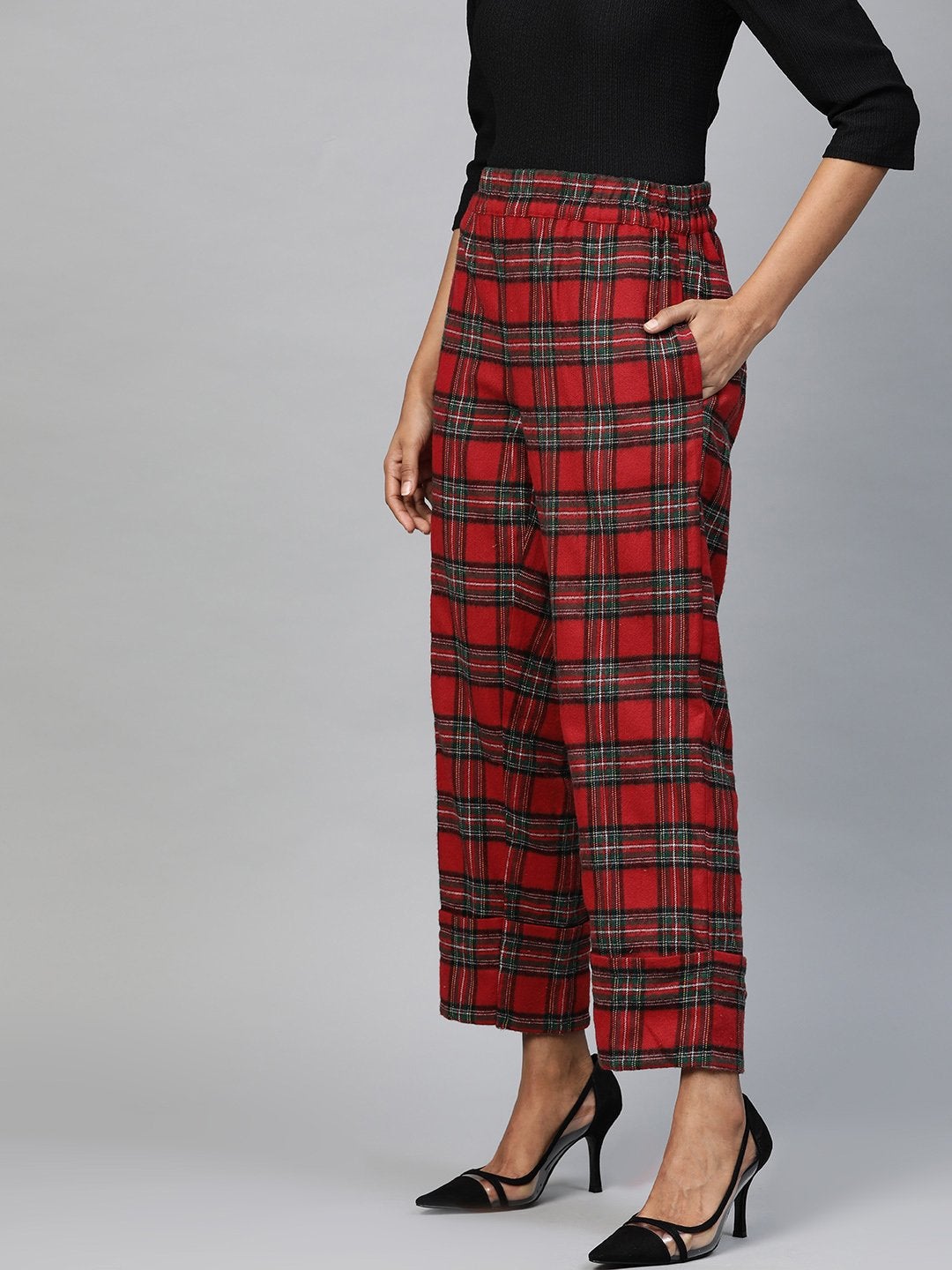 Women's Red Check Roll Up Trousers