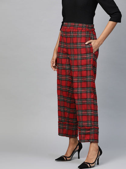 Women's Red Check Roll Up Trousers