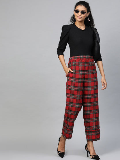 Women's Red Check Roll Up Trousers