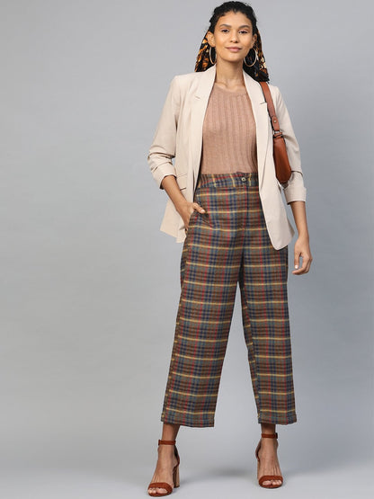 Women's Multicolor Jacquard Check Tapered Pants
