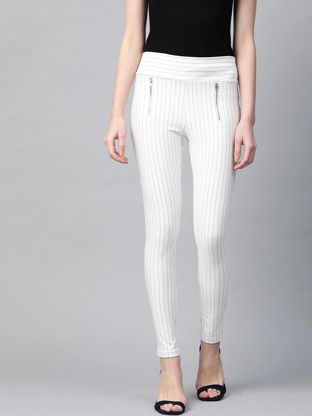 Women's White Side Zipper Striped Jeggings
