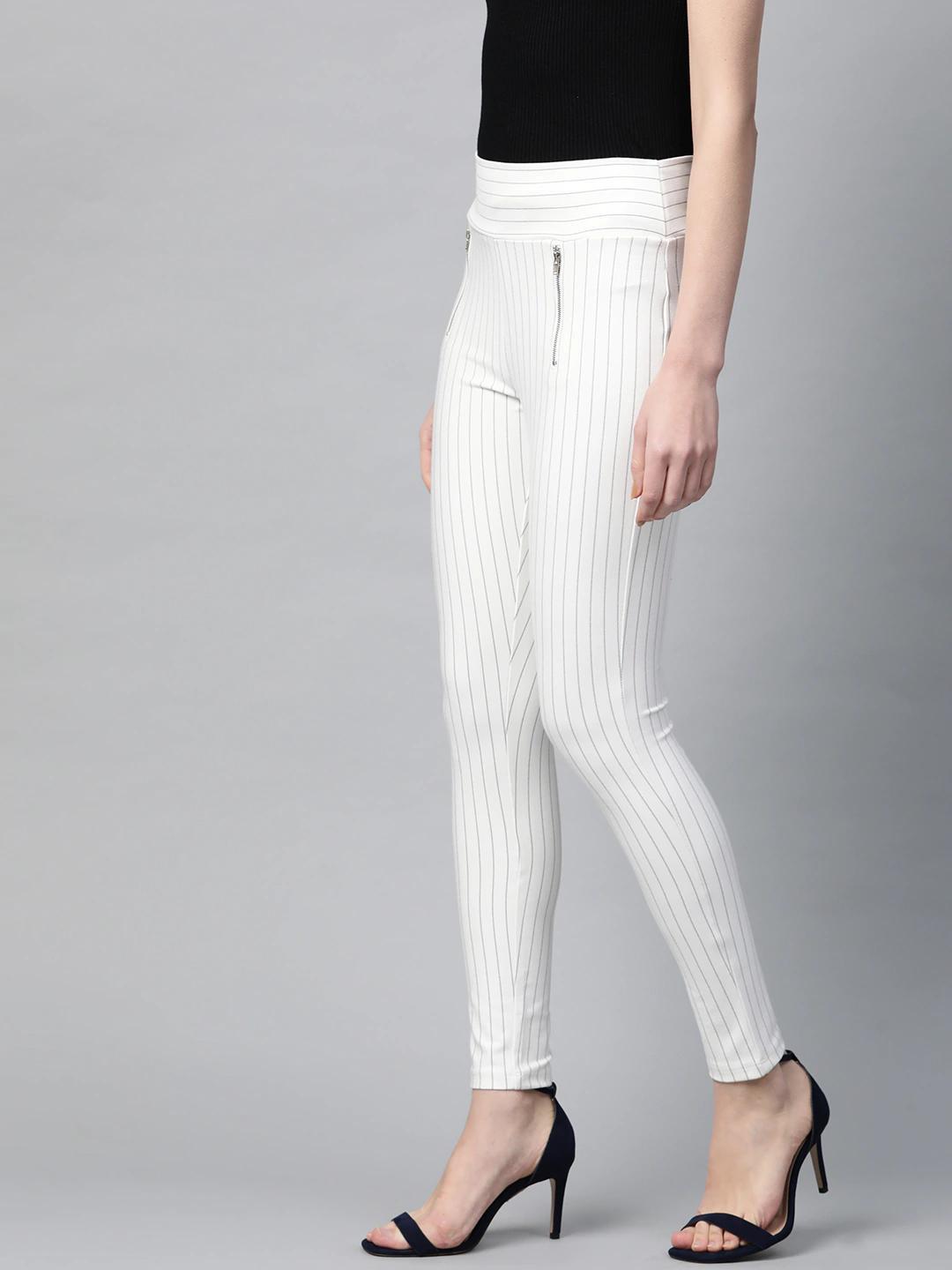 Women's White Side Zipper Striped Jeggings