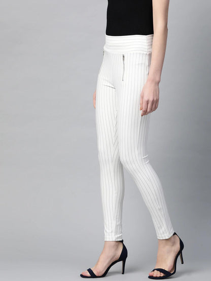 Women's White Side Zipper Striped Jeggings