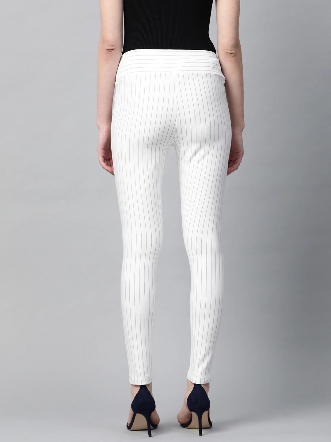 Women's White Side Zipper Striped Jeggings