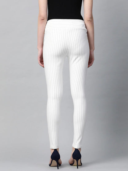 Women's White Side Zipper Striped Jeggings