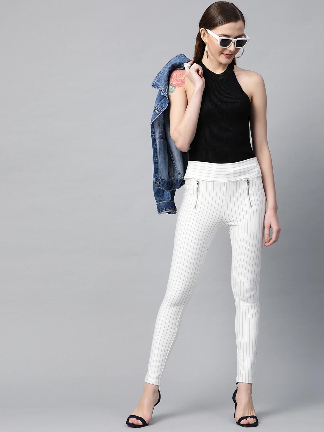 Women's White Side Zipper Striped Jeggings
