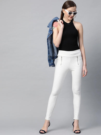 Women's White Side Zipper Striped Jeggings