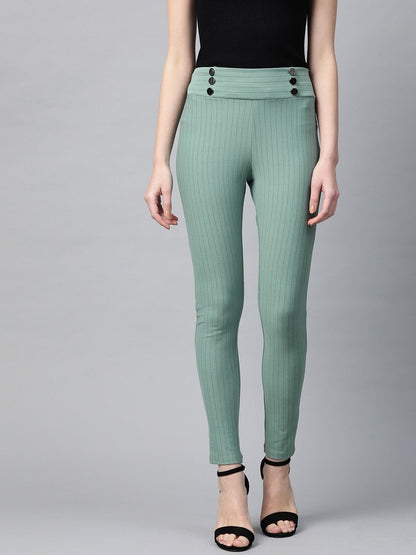 Women's Olive High Waist Show Elastic Striped Jeggings