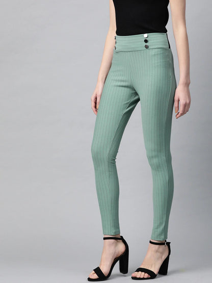 Women's Olive High Waist Show Elastic Striped Jeggings