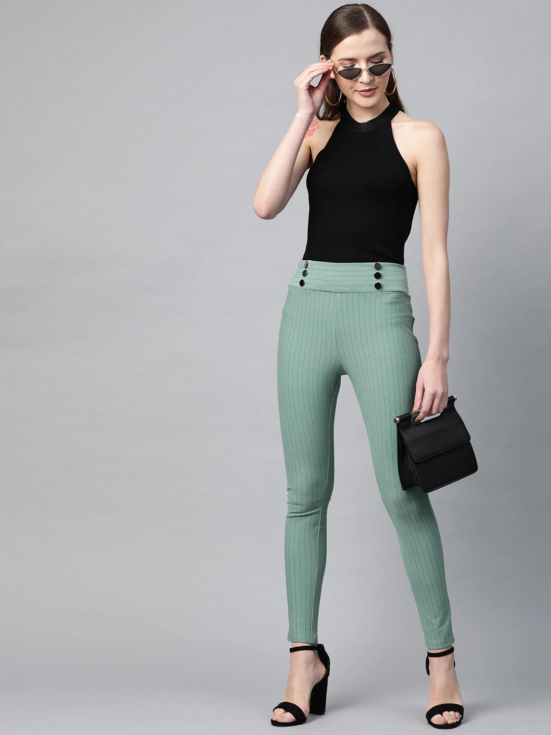Women's Olive High Waist Show Elastic Striped Jeggings