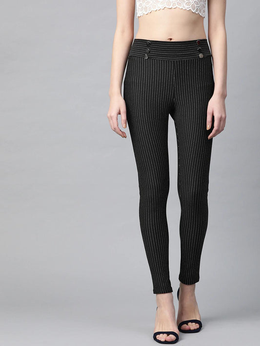 Women's Black High Waist Show Elastic Striped Jeggings