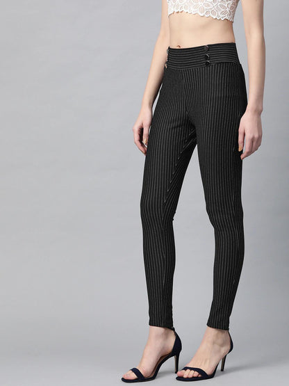 Women's Black High Waist Show Elastic Striped Jeggings