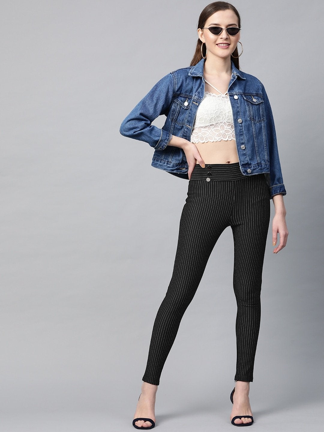 Women's Black High Waist Show Elastic Striped Jeggings