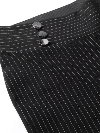 Women's Black High Waist Show Elastic Striped Jeggings