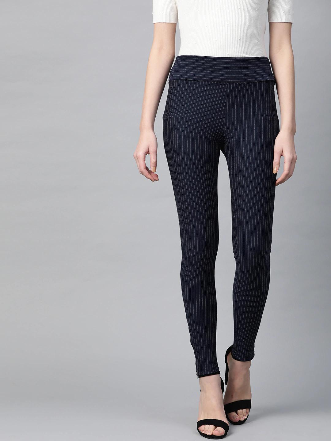 Women's Navy Zipper-At-Hem Striped Jeggings