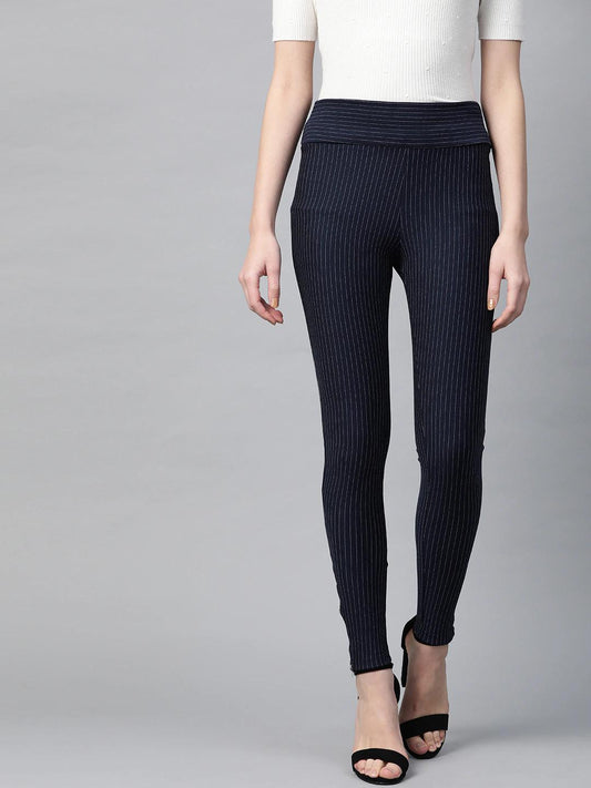 Women's Navy Zipper-At-Hem Striped Jeggings