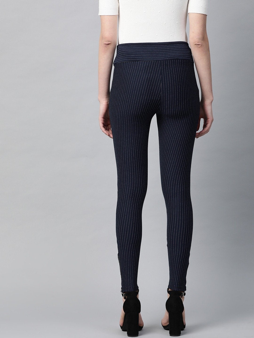 Women's Navy Zipper-At-Hem Striped Jeggings
