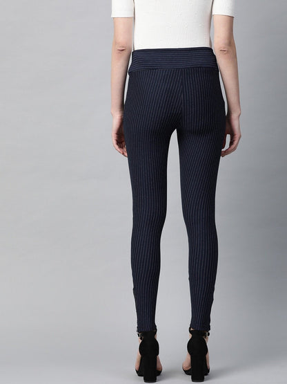 Women's Navy Zipper-At-Hem Striped Jeggings