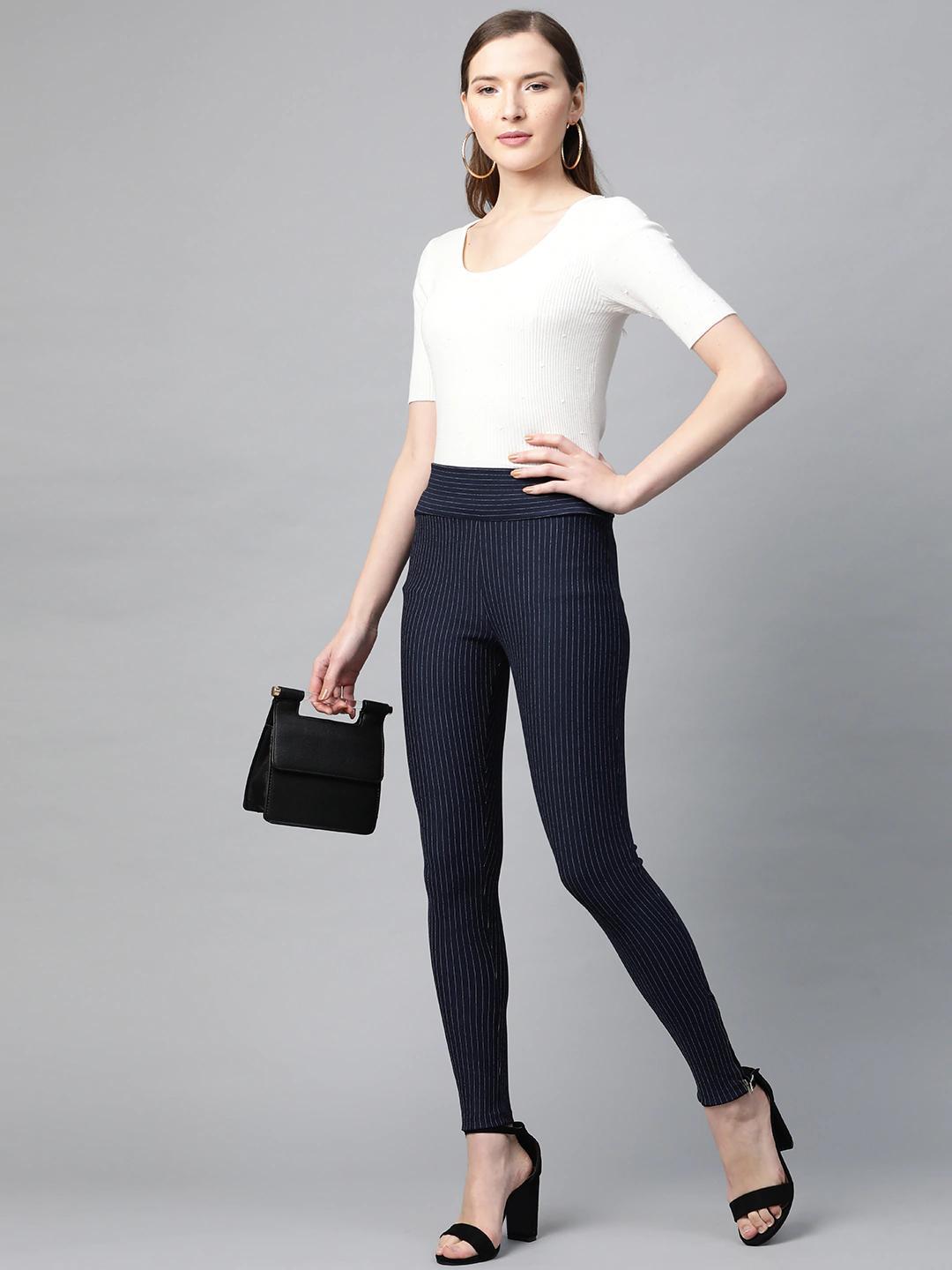 Women's Navy Zipper-At-Hem Striped Jeggings