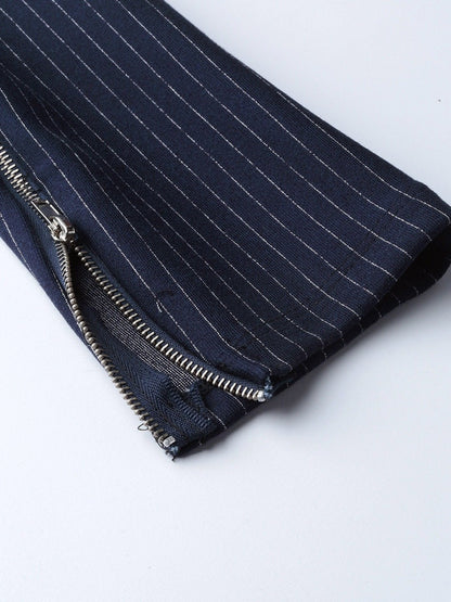 Women's Navy Zipper-At-Hem Striped Jeggings