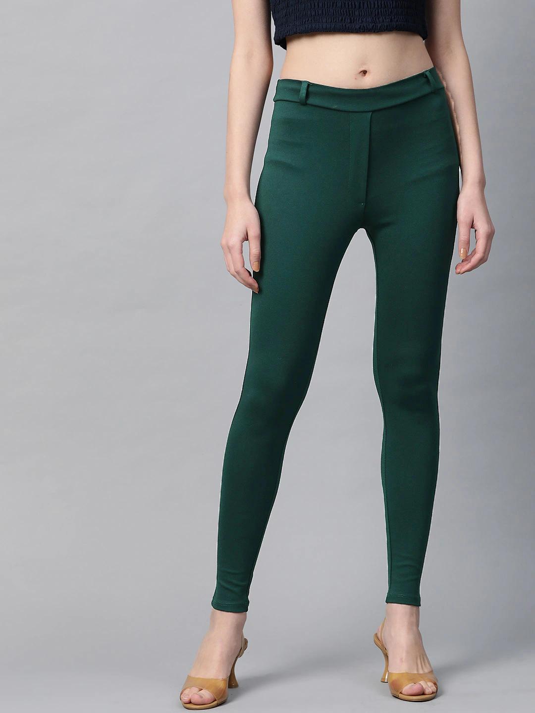 Women's Green Mock Fly Jeggings