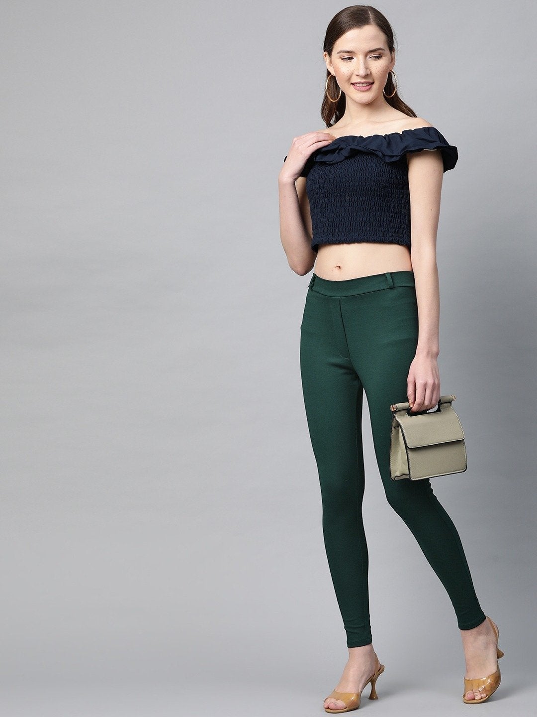 Women's Green Mock Fly Jeggings