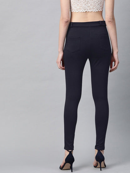 Women's Navy Mock Fly Jeggings