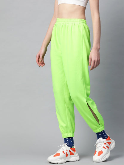 Women's Neon Green Side Slit Fleece Jogger Pants