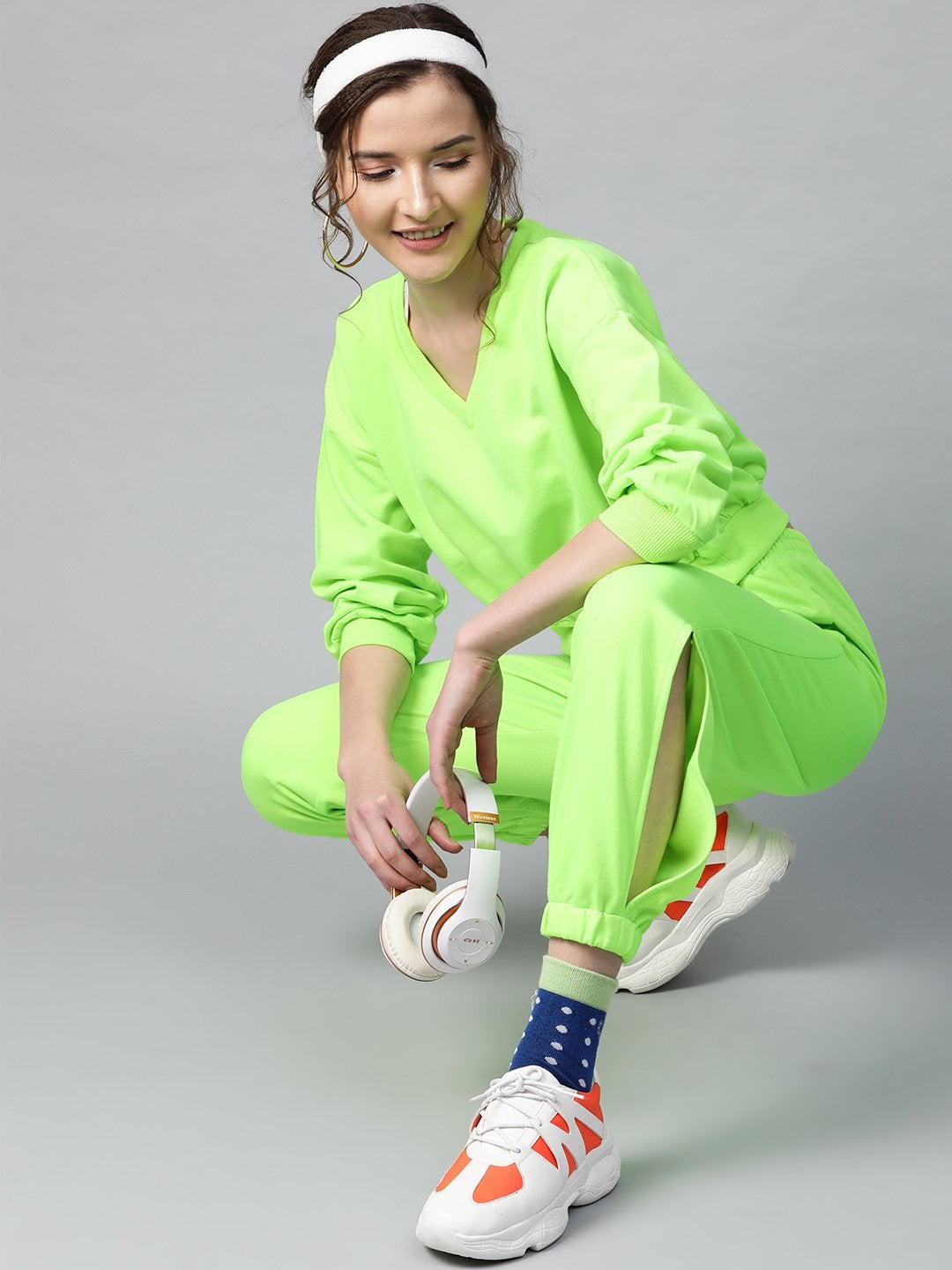 Women's Neon Green Side Slit Fleece Jogger Pants