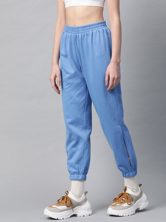 Women's Blue Side Slit Fleece Jogger Pants