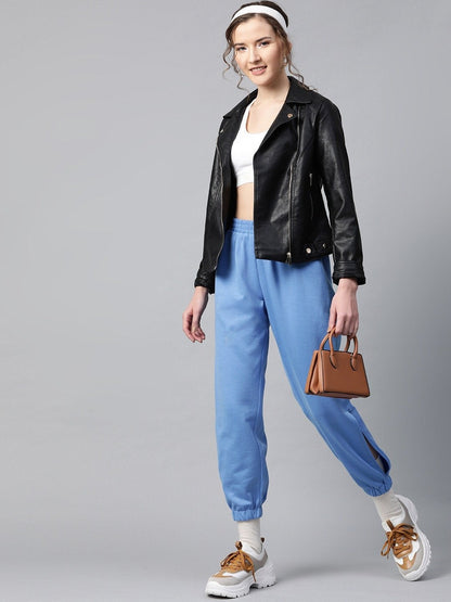 Women's Blue Side Slit Fleece Jogger Pants