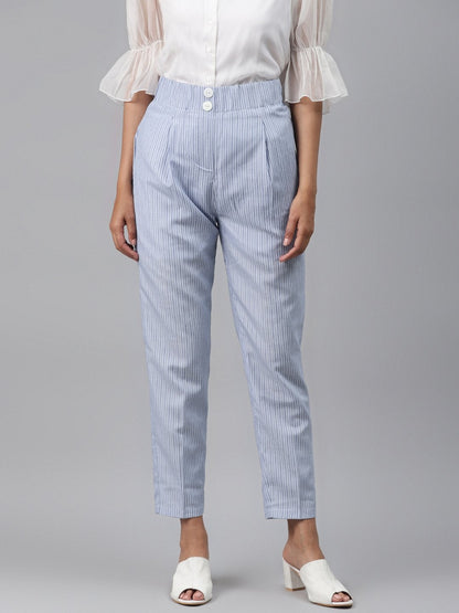 Women's Blue Stripes Tapered Pants