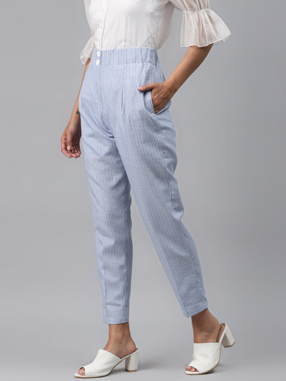 Women's Blue Stripes Tapered Pants