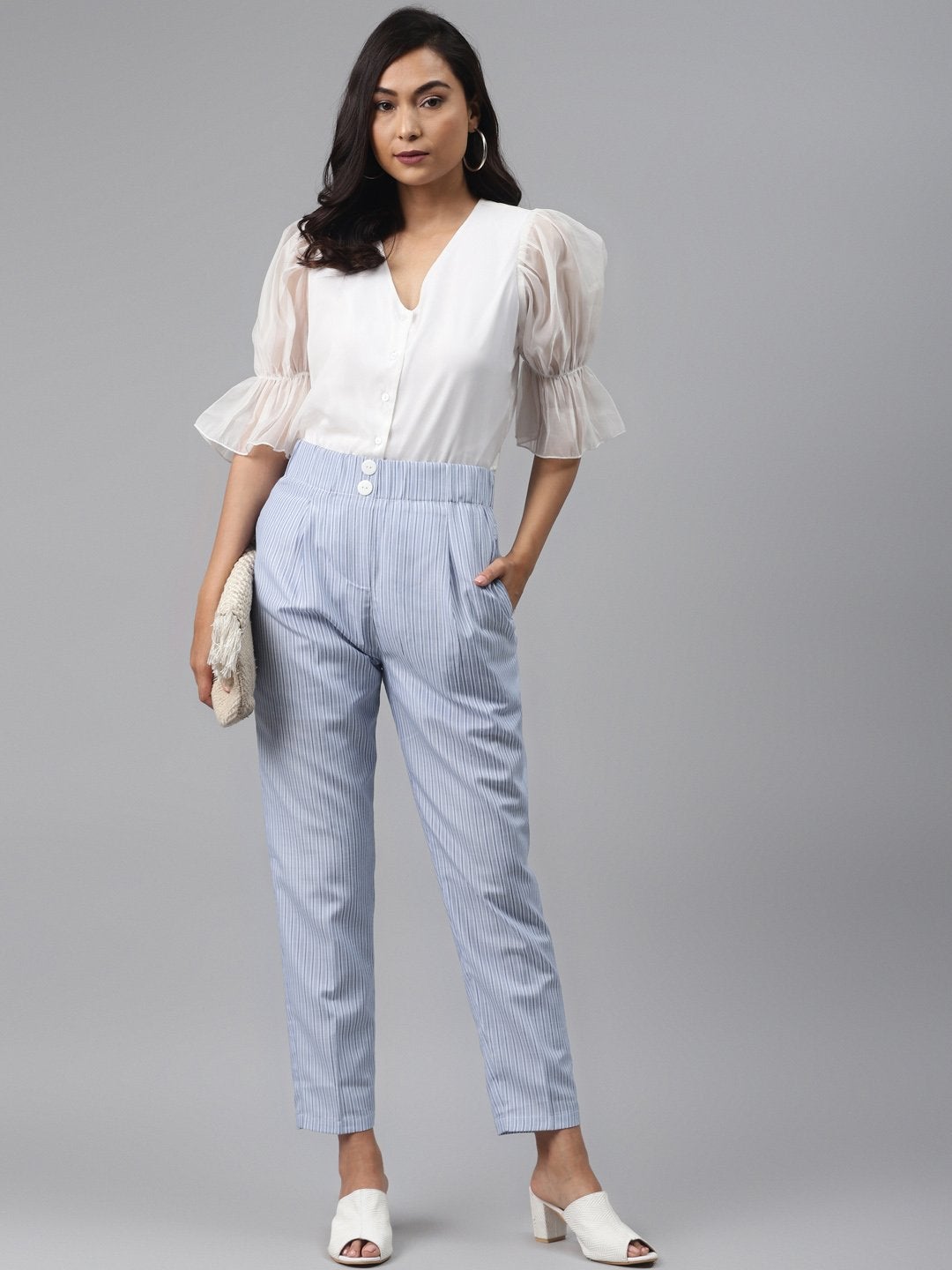 Women's Blue Stripes Tapered Pants