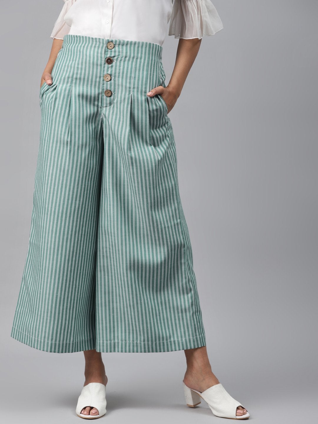 Women's Green Stripes Front Button Flared Pants