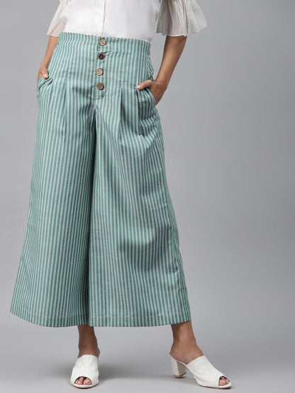 Women's Green Stripes Front Button Flared Pants